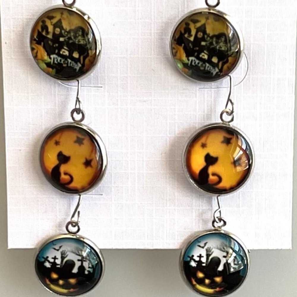 New Halloween Glass Dome Earrings 3-Pair Set | Spooky Cats, Bats & Houses